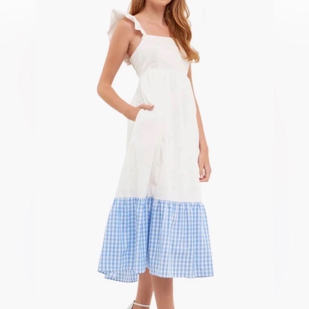 English Factory White Dress with Blue Gingham Ruffle Pockets